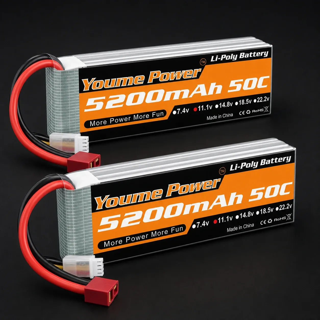 High-performance dual-pack 3S LiPo batteries with 5200mAh capacity and 50C discharge rate, featuring Deans T-Plug connectors.